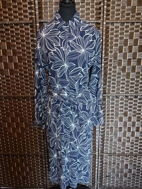Long Sleeve Navy Floral Tie-Waist Shirt Dress